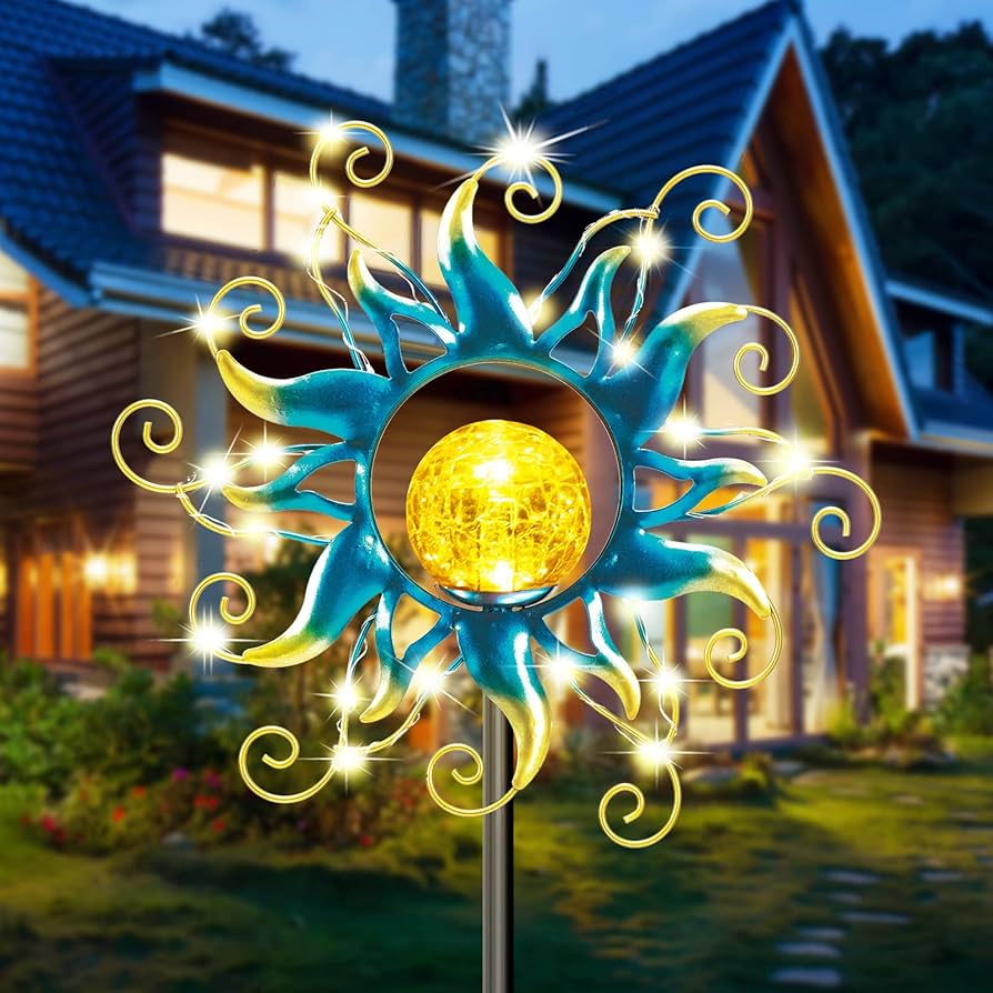 Kacux Solar Lights Outdoor Garden Decor, Blue Metal Sun
